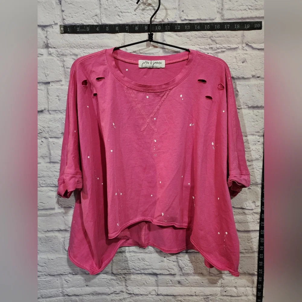 Jules and James distressed pink shirt with rips and splatter effect Size Large